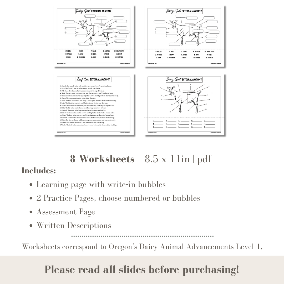 PRINTABLE Dairy Animal External Anatomy Bundle Dairy Cow and Dairy Goat - Level 1