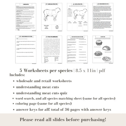 PRINTABLE ALL Bundle Hog, Lamb, Goat, Cow Meat Cuts and Quality - Learning About Beef, Pork, Lamb, Goat